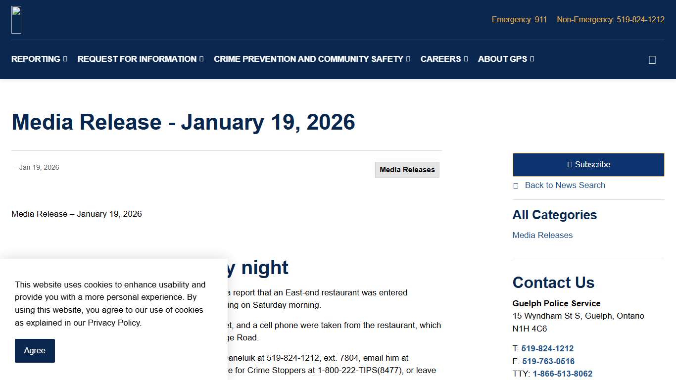 Media Release - January 19, 2026 Guelph Police Service